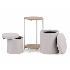 Bijzettafel Nestup 1 in wit en eiken met geïntegreerde beige stoffen kruk van hjh LIVING