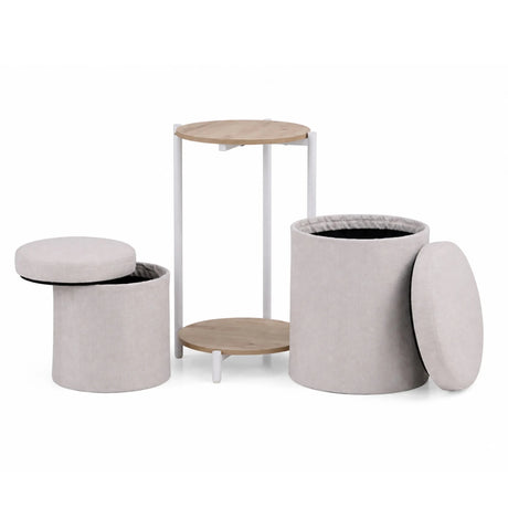 Bijzettafel Nestup 1 in wit en eiken met geïntegreerde beige stoffen kruk van hjh LIVING