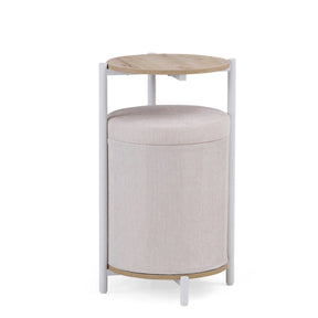 Bijzettafel Nestup 1 in wit en eiken met geïntegreerde beige stoffen kruk van hjh LIVING