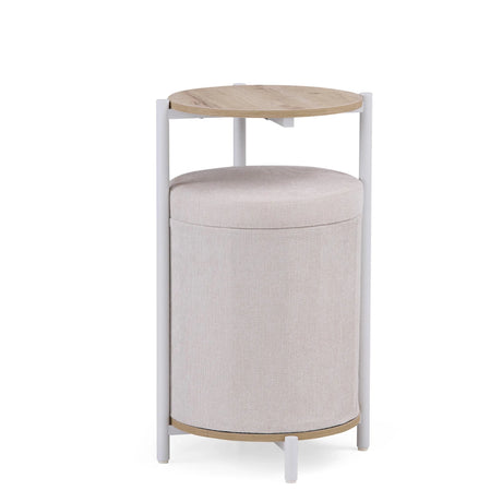 Bijzettafel Nestup 1 in wit en eiken met geïntegreerde beige stoffen kruk van hjh LIVING