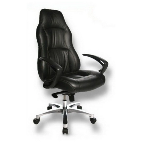 Luxe directiestoel OFFICE RS1 met zwarte lederen bekleding en zilverkleurige stervormige voet van Topstar