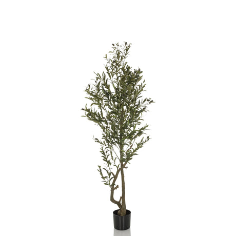 Groene Kunstplant OLIVE I met smalle groei in een zwarte plantenpot van hjh OFFICE
