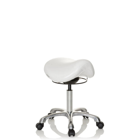 Witte Zadelkruk ORTHO SIT met verchroomd kruisvoet en vijf zwenkwielen van hjh OFFICE