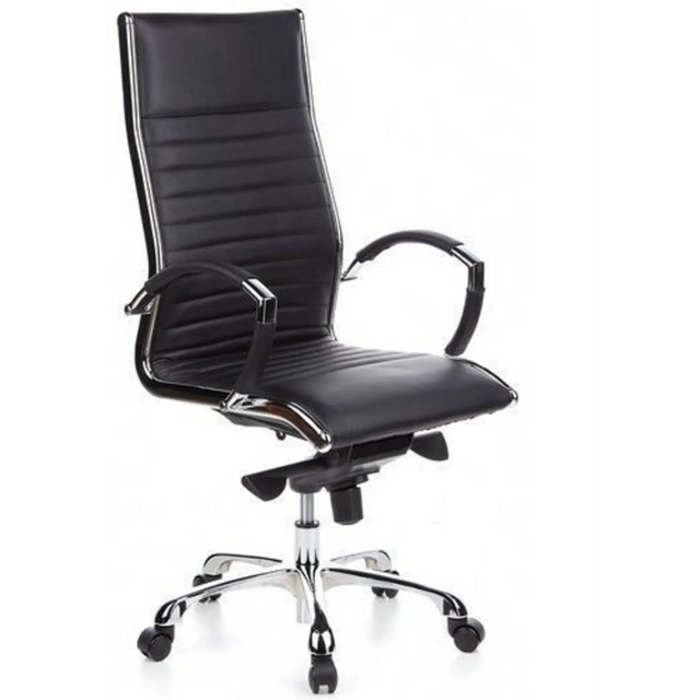 Professionele directiestoel PARMA 20 met zwarte kunstlederen bekleding en glanzende chroomaccenten van hjh OFFICE