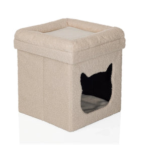 Beige kattenhuis PAWY ES van pluizige stof met een kattenvormige opening van hjh LIVING