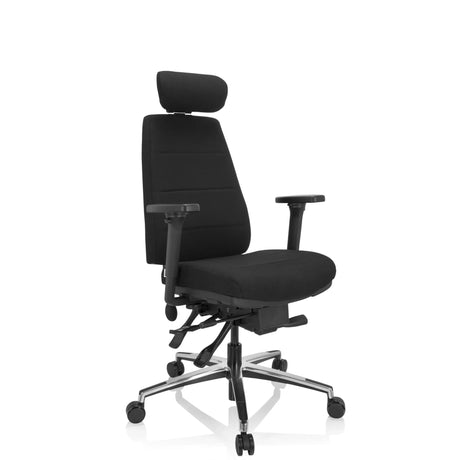 Professionele bureaustoel PHOENIX PRO I met zwarte stoffen bekleding, hoofdsteun en zilverkleurig onderstel van hjh OFFICE