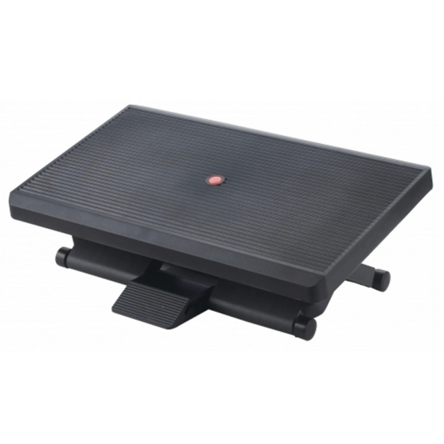 Schwarze Fußablage PIEDINO STRIPE PRO mit gerippter Oberfläche und Einstellhebel von hjh OFFICE