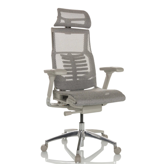 High end bureaustoel POFIT G GEN2 met lichtgrijze netbekleding en hoofdsteun van hjh OFFICE