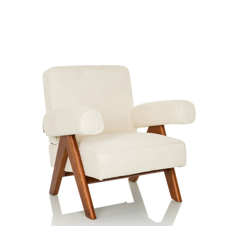 Witte Lounge stoel POOLY met gestructureerde stoffen bekleding en bruine houten poten van hjh LIVING
