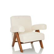Witte Lounge stoel POOLY met gestructureerde stoffen bekleding en bruine houten poten van hjh LIVING