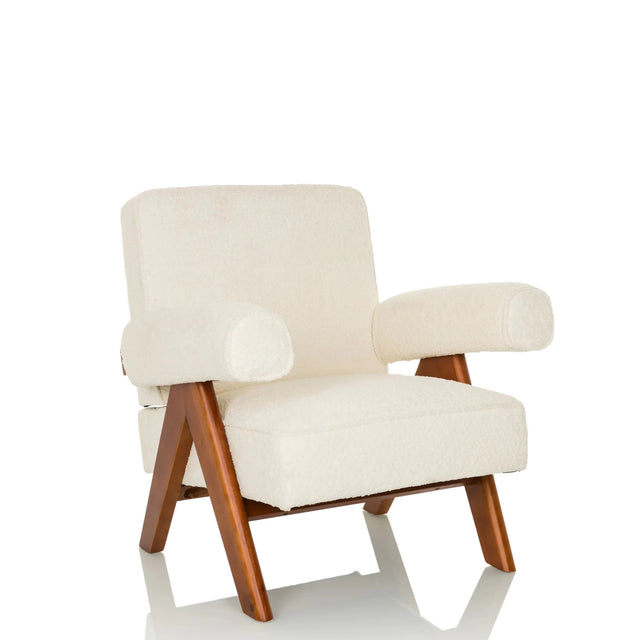 Witte Lounge stoel POOLY met gestructureerde stoffen bekleding en bruine houten poten van hjh LIVING