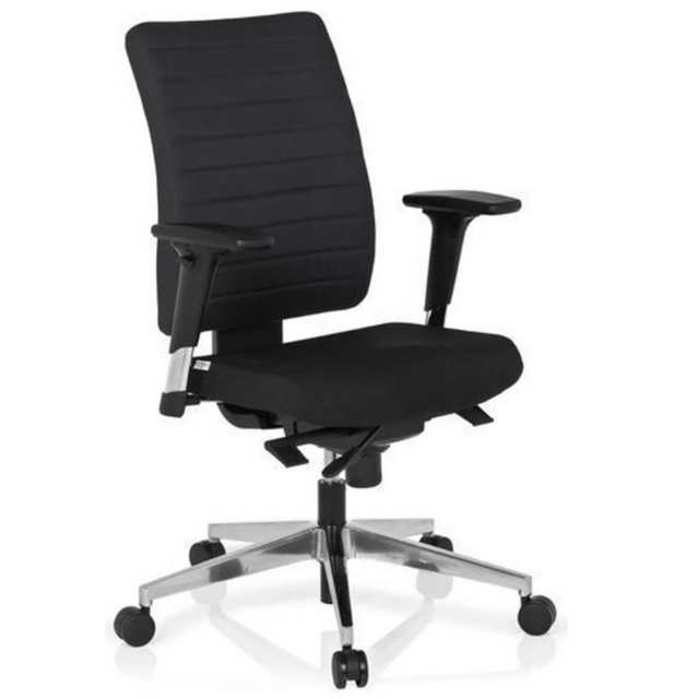 Professionele bureaustoel PRO-TEC 350 met zwarte bekleding, armleuningen en een zilverkleurig onderstel van hjh OFFICE