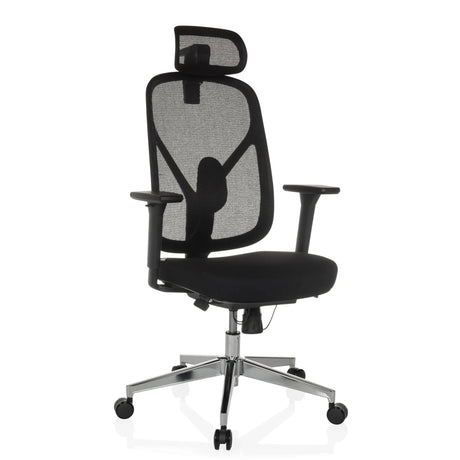 Professionele bureaustoel RALOO PRO met zwarte netbekleding en hoofdsteun op een zilverkleurig onderstel van hjh OFFICE