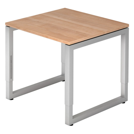 Hoogteverstelbaar bureau REGO 8 S met lichtbruin walnotenhouten blad en zilveren frame van hjh OFFICE PRO