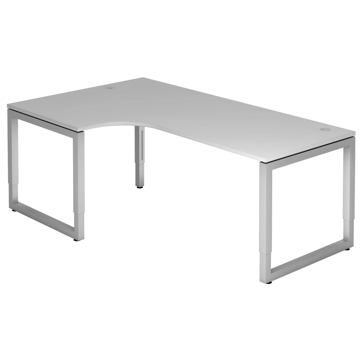 L-vormig bureau REGO 82 S in grijs met zilveren frame en kabeldoorvoeren van hjh OFFICE PRO