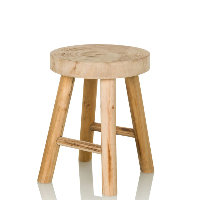 Bruine kruk RUSTIKO W van licht hout met een rond zitvlak en vier poten van hjh LIVING