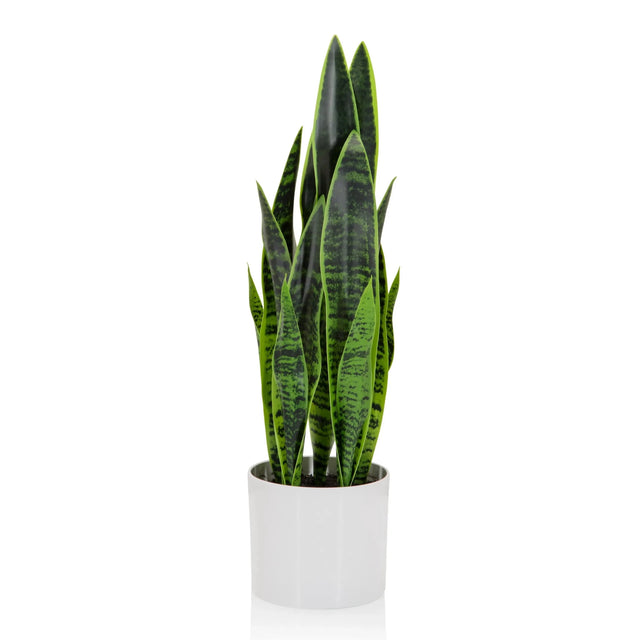 Kunstplant SANSEVIERIA in het groen met lange bladeren in een witte overpot van hjh OFFICE