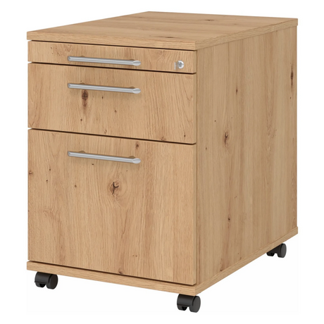 Rolcontainer SIGNA AC20 in eikenhout-look met zilverkleurige relinggrepen en zwenkwielen van hjh OFFICE PRO
