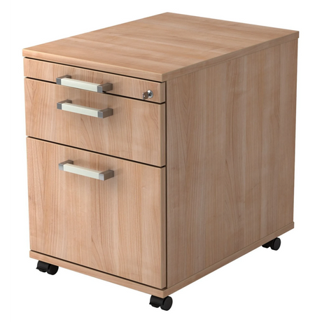 Rolcontainer SIGNA AC20 in walnootlook met drie laden, chromen handgrepen en zwenkwielen van hjh OFFICE PRO