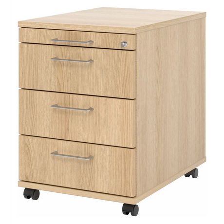 Rolcontainer SIGNA AC30 in eikenlook met vier laden en zilverkleurige beugelgrepen van hjh OFFICE PRO