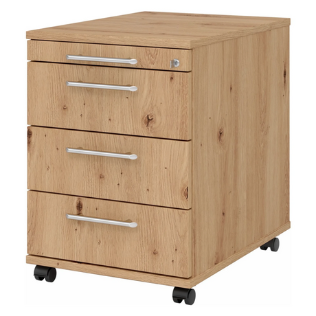 Rolcontainer SIGNA AC30 in eikenhout-look met zilverkleurige relinggrepen en vier zwenkwielen van hjh OFFICE PRO