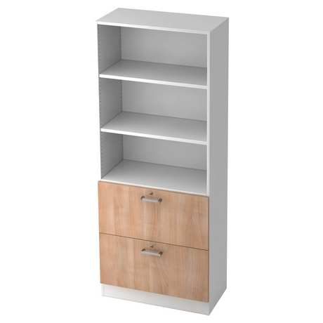 Kast SIGNA G 7300 in wit en walnoot met twee laden en chromen grepen van hjh OFFICE PRO