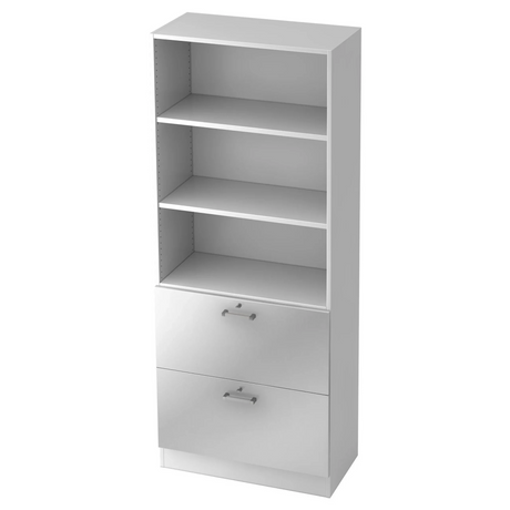 Witte SIGNA G 7300 stelling met drie open planken en twee laden met chromen handgrepen van hjh OFFICE PRO