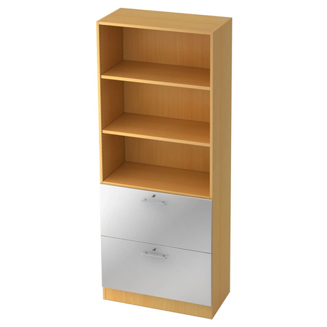 Kast SIGNA G 7300 in beukenhout-look met drie open vakken en twee zilveren laden van hjh OFFICE PRO