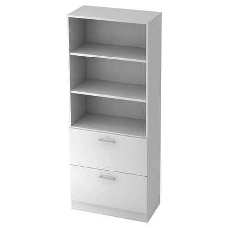 Witte kast SIGNA G 7300 met open planken en twee laden met relinggrepen van hjh OFFICE PRO