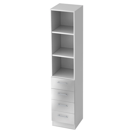 Witte kast SIGNA G 7600 met drie open vakken en vier laden met zilverkleurige handgrepen van hjh OFFICE PRO