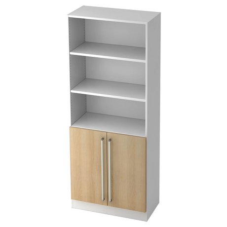 Kast SIGNA G 7700 in wit en eiken met drie open vakken en een kastje met chromen grepen van hjh OFFICE PRO