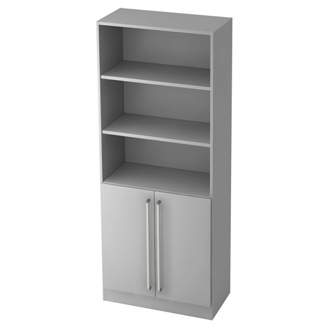 Grijze kast SIGNA G 7700 met drie open planken en een onderkast met chromen grepen van hjh OFFICE PRO
