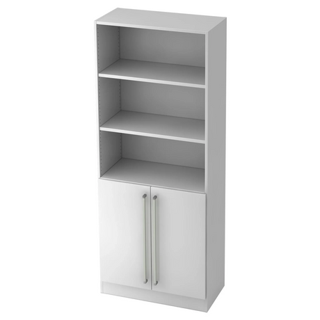 Witte kast SIGNA G 7700 met drie open vakken en een kastje met chromen grepen van hjh OFFICE PRO