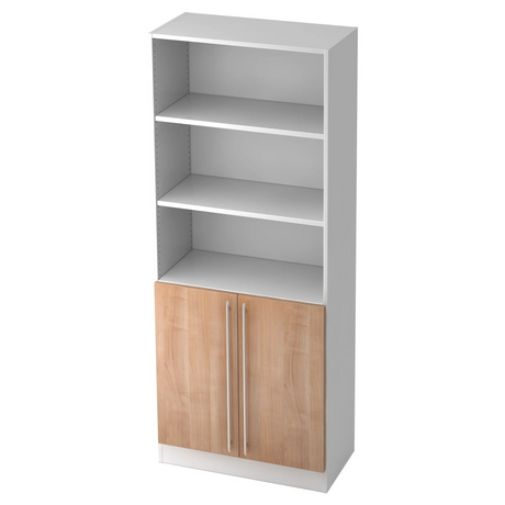 Kast SIGNA G 7700 in wit en walnootlook met drie open vakken en een kastje van hjh OFFICE PRO