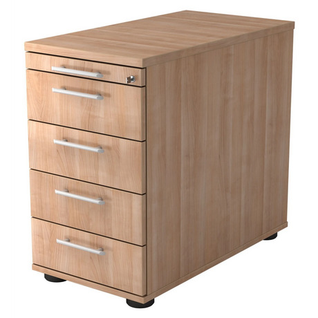 Standcontainer SIGNA SC50 in walnootlook met vijf laden en zilverkleurige relinggrepen van hjh OFFICE PRO