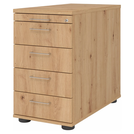 Standcontainer SIGNA SC50 in essen-eikenlook met vijf laden en zilverkleurige beugelgrepen van hjh OFFICE PRO