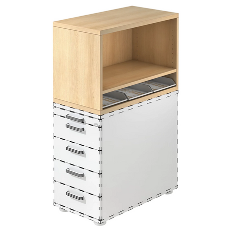 Standcontainer SIGNA SCA1 in eikenlook met wit korpus, vijf laden en een open vak van hjh OFFICE PRO