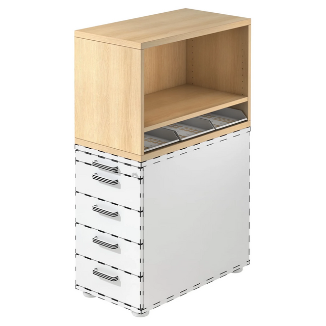 Standcontainer SIGNA SCA1 in eikenlook met wit korpus, vijf laden en een open vak van hjh OFFICE PRO