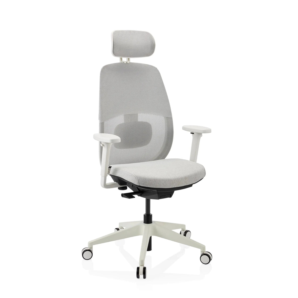 Professionele bureaustoel Skandis Pro in grijs met wit frame en hoofdsteun van hjh OFFICE
