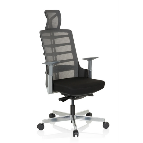 High end bureaustoel SKARIF in zwart en grijs met netrugleuning en hoofdsteun van hjh OFFICE