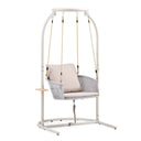 Beige Hangstoel Skylo met wit metalen frame en lichtgekleurd zitkussen van hjh LIVING