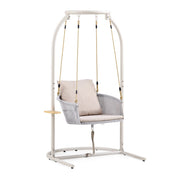 Beige Hangstoel Skylo met wit metalen frame en lichtgekleurd zitkussen van hjh LIVING