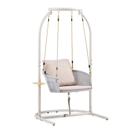 Beige Hangstoel Skylo met wit metalen frame en lichtgekleurd zitkussen van hjh LIVING