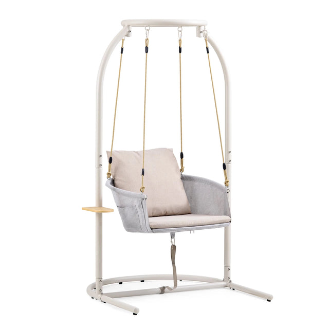 Beige Hangstoel Skylo met wit metalen frame en lichtgekleurd zitkussen van hjh LIVING