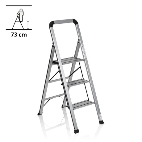 Klaptrap SOLID V van zilverkleurig aluminium met drie treden en veiligheidsbeugel van hjh OFFICE