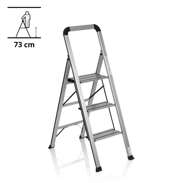 Klaptrap SOLID V van zilverkleurig aluminium met drie treden en veiligheidsbeugel van hjh OFFICE