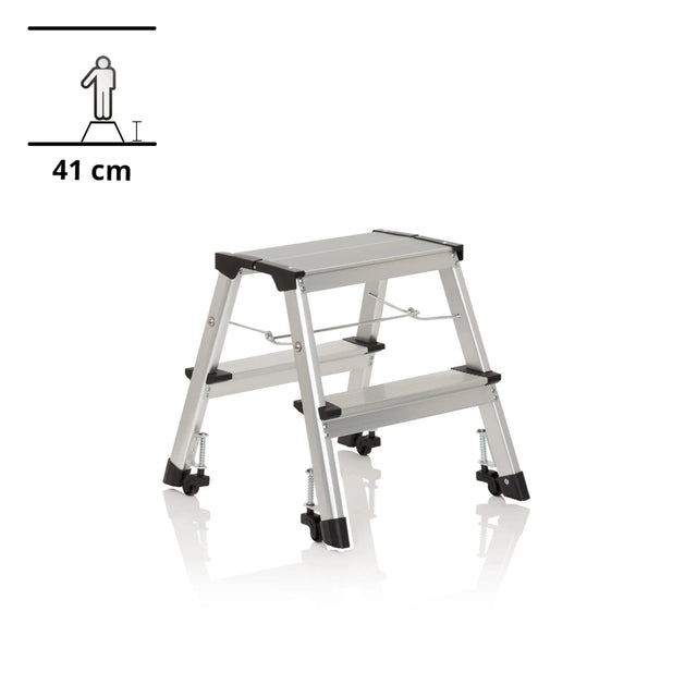 Tweetraps Klaptrap SOLID VI van zilverkleurig aluminium met zwarte rubberen voetjes van hjh OFFICE