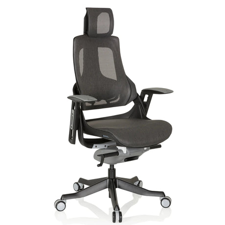 Professionele bureaustoel SPEKTRE BLACK met grijs-zwart netbezug en hoofdsteun van hjh OFFICE