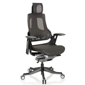 Professionele bureaustoel SPEKTRE BLACK met grijs-zwart netbezug en hoofdsteun van hjh OFFICE