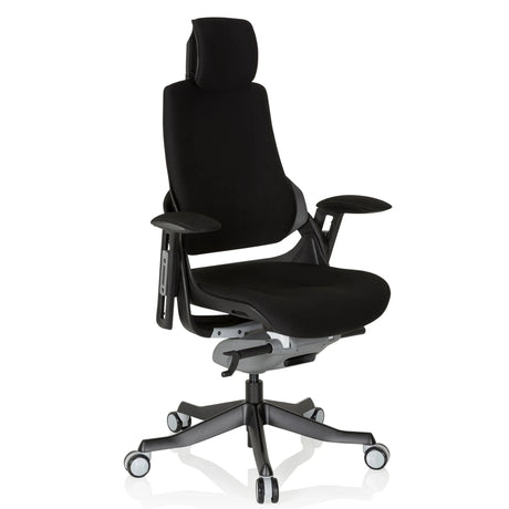 Zwarte Professionele bureaustoel SPEKTRE BLACK met stoffen bekleding, hoofdsteun en armleuningen van hjh OFFICE